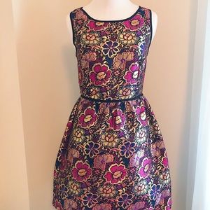Rose Gold + Purple Metallic Floral Flare Dress XS
